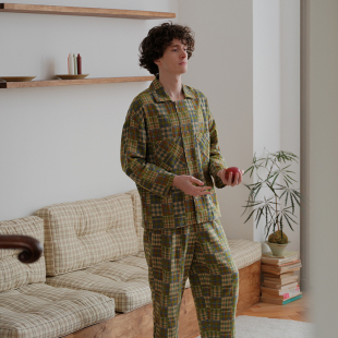 朵朵可可睡衣男2025春夏新款 梭织格纹双层棉布方领开衫 家居服套装