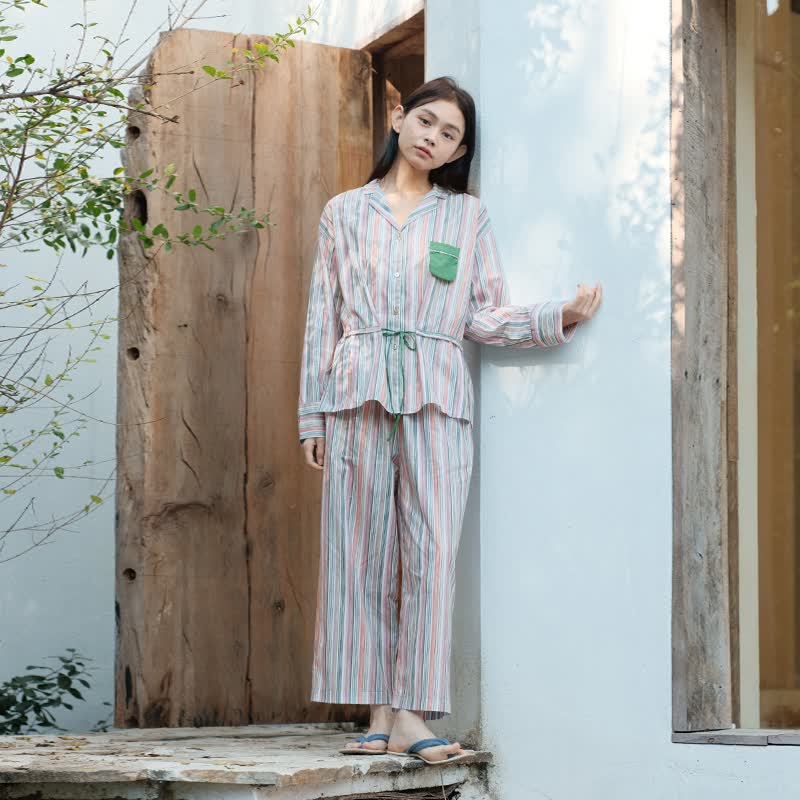 朵朵可可睡衣女春夏款梭织纯棉小翻领长袖长裤简约条纹家居服套装