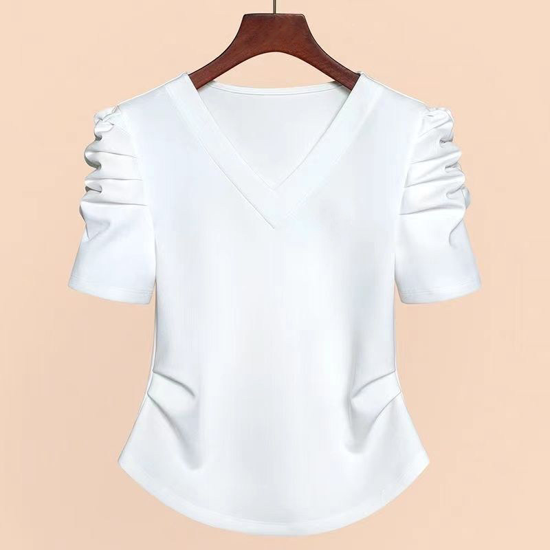 春季新款v领T恤泡泡袖短袖上衣白色设计感洋气修身体恤大码