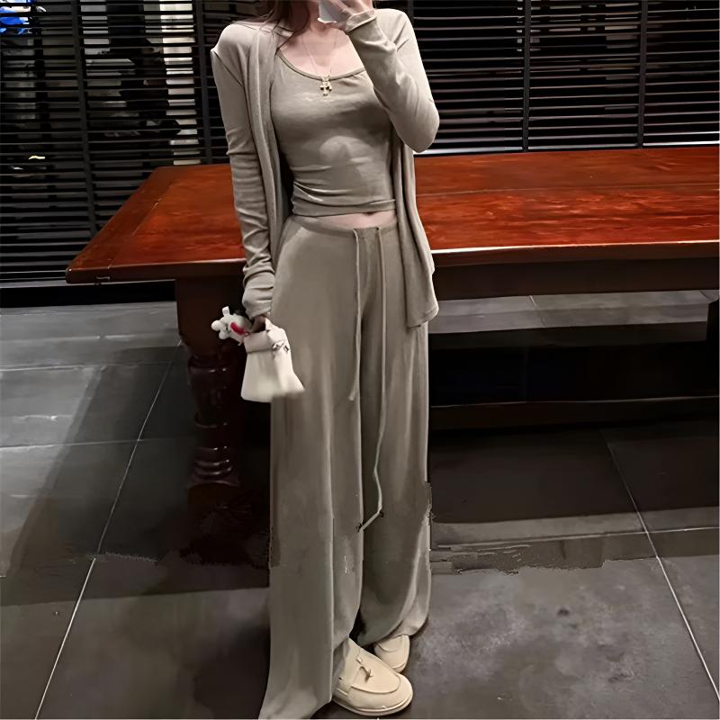 慵懒风开衫吊带背心三件套