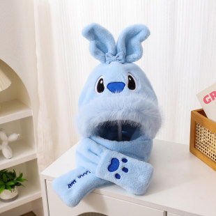 新款儿童帽子围巾一体两件套冬男孩女童加厚毛绒防寒保暖连帽围脖