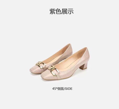 GNC复古潮流时尚欧美风高跟粗跟浅口方头金属扣装饰单鞋女鞋