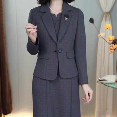 高级金纺小米格两件套女士2025秋季新款时尚西服小外套连衣裙套装
