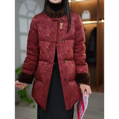 新中式复古国风毛领花色羽绒服2025新款冬季加厚保暖宽松减龄外套