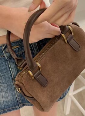 Brandy美式休闲棕色麂皮绒波士顿包包bm长肩带斜挎包单肩包手提包