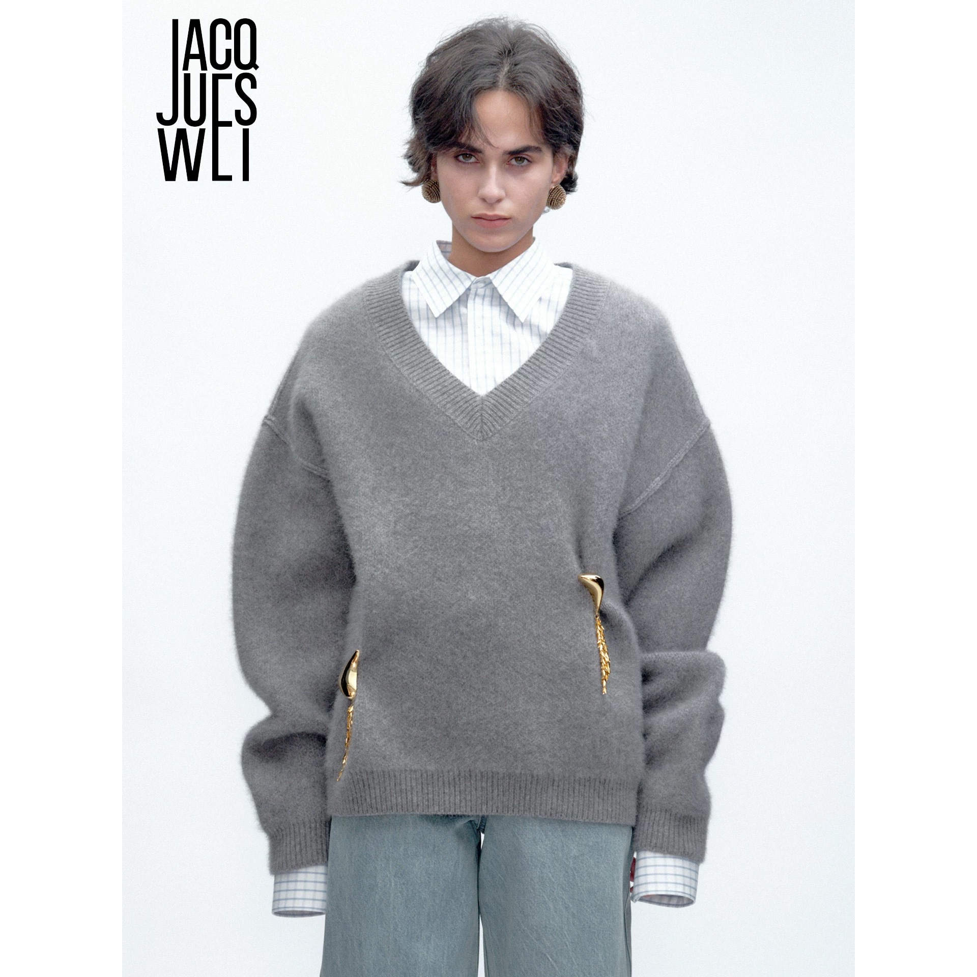 JACQUES WEI 极简灰色金扣针织开衫 JW-25AW-MY008