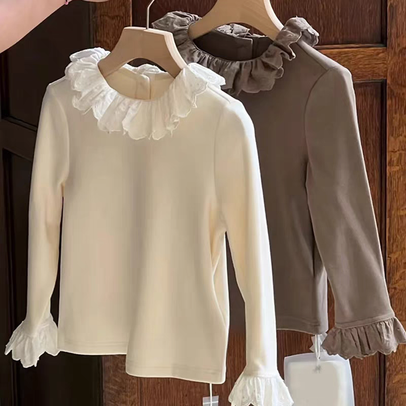 韩国童装女童t恤2025春秋季女宝宝洋气荷叶领打底衫时尚蕾丝长袖