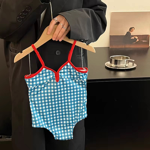 女童装格子系带露肩连体游泳衣