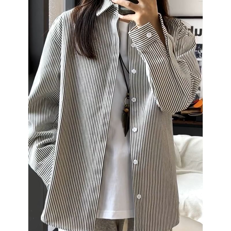 黑白条纹衬衫男春秋季女生宽松加衬衫