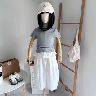 品牌童装2025夏季新款女童弹力修身短款短袖T恤衫简约纯色上衣T
