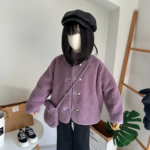 品牌童装2025冬季新款女童保暖羊糕绒皮毛一体外套斜扣高领毛衣