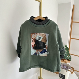 啦芙L童装秋冬女童针织拼接中长款休闲双层加厚半高领卫衣5600