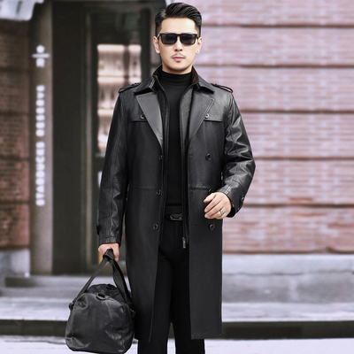 冬季海宁头层牛皮真皮皮衣男西装领长款过膝皮大衣皮风衣羽绒外套