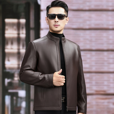 冬季海宁头层绵羊皮真皮皮衣男中老年爸爸装短款立领真皮夹克外套