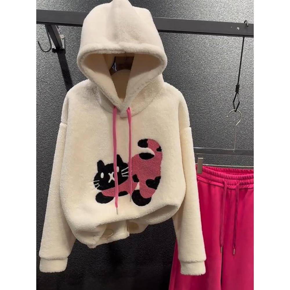 韩系卡通猫咪连帽套头卫衣女2025冬季新款小个子百搭减龄上衣潮