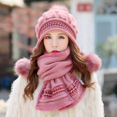 兔毛帽女士毛线帽新款 百搭日韩护耳秋冬围巾帽子两件套针织贝雷帽
