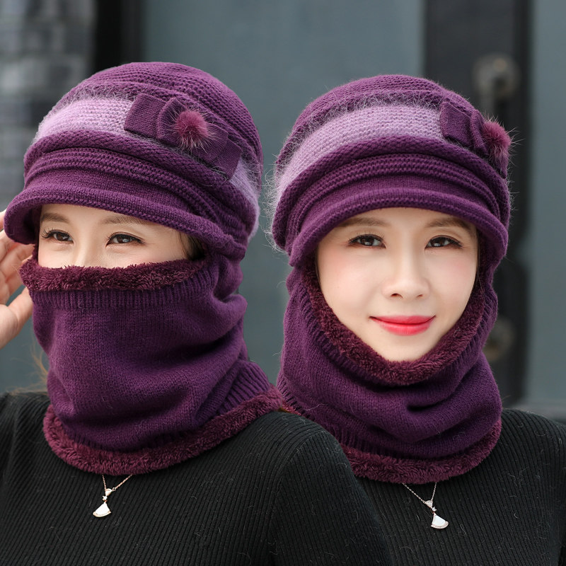 中老年人帽子女老人毛线兔毛保暖护脖冬天中年妈妈骑车连体围脖帽