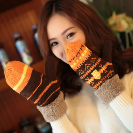 韩版可爱冬季加厚加绒针织毛线连指手套 冬天保暖女士手套 全指款