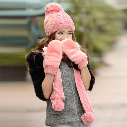 生日圣诞礼物 毛线帽子围巾手套三件套装女冬季天保暖韩版时尚潮