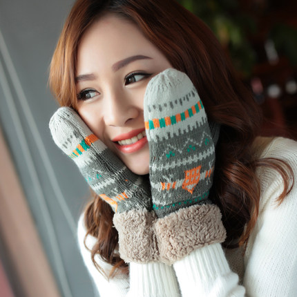 韩版可爱冬季加厚加绒针织毛线连指手套 冬天保暖女士手套 全指款