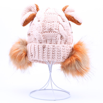 韩国可爱女生猫耳朵帽子女冬天恶魔角保暖针织帽韩版大球球毛线帽