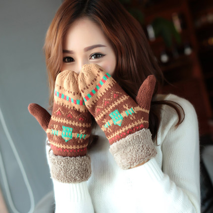 韩版可爱冬季加厚加绒针织毛线连指手套 冬天保暖女士手套 全指款
