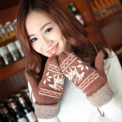 韩版可爱冬季加厚加绒针织毛线连指手套 冬天保暖女士手套 带挂绳