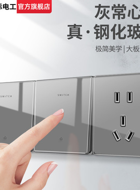 国际电工灰色超薄钢化玻璃一开双控开关86型暗装面板家用五孔插座
