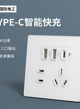 国际电工86型Type-c五孔USB插座20W智能快充墙壁手机充电开关面板