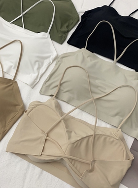 裸感冰丝吊带背心设计感后背交叉性感内搭女夏季固定杯垫美背抹胸