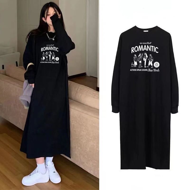 字母圆领慵懒风卫衣裙女秋冬款加绒大码宽松显瘦慵懒中长款连衣裙