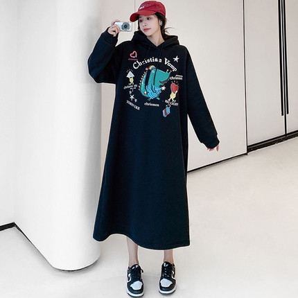 长款连帽卫衣裙女秋冬季加绒加厚套头小个子宽松中长款过膝连衣裙