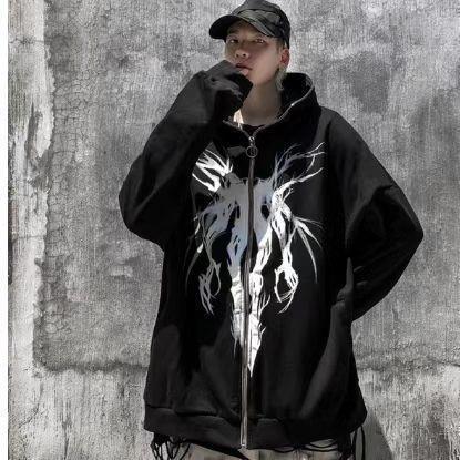 速卖通Y2K哥特风连帽衫春秋加绒铁拉链卫衣男oversize hoodies
