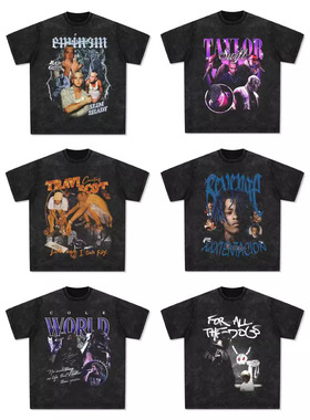 侃爷比伯阿姆TravisScott德雷克XXX美式嘻哈说唱复古印花水洗短袖