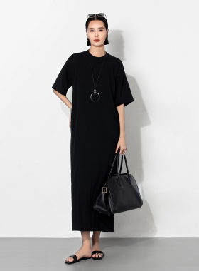 SOORAM黑色连衣裙女夏胖mm大码薄款宽松慵懒松弛感休闲直筒长裙子