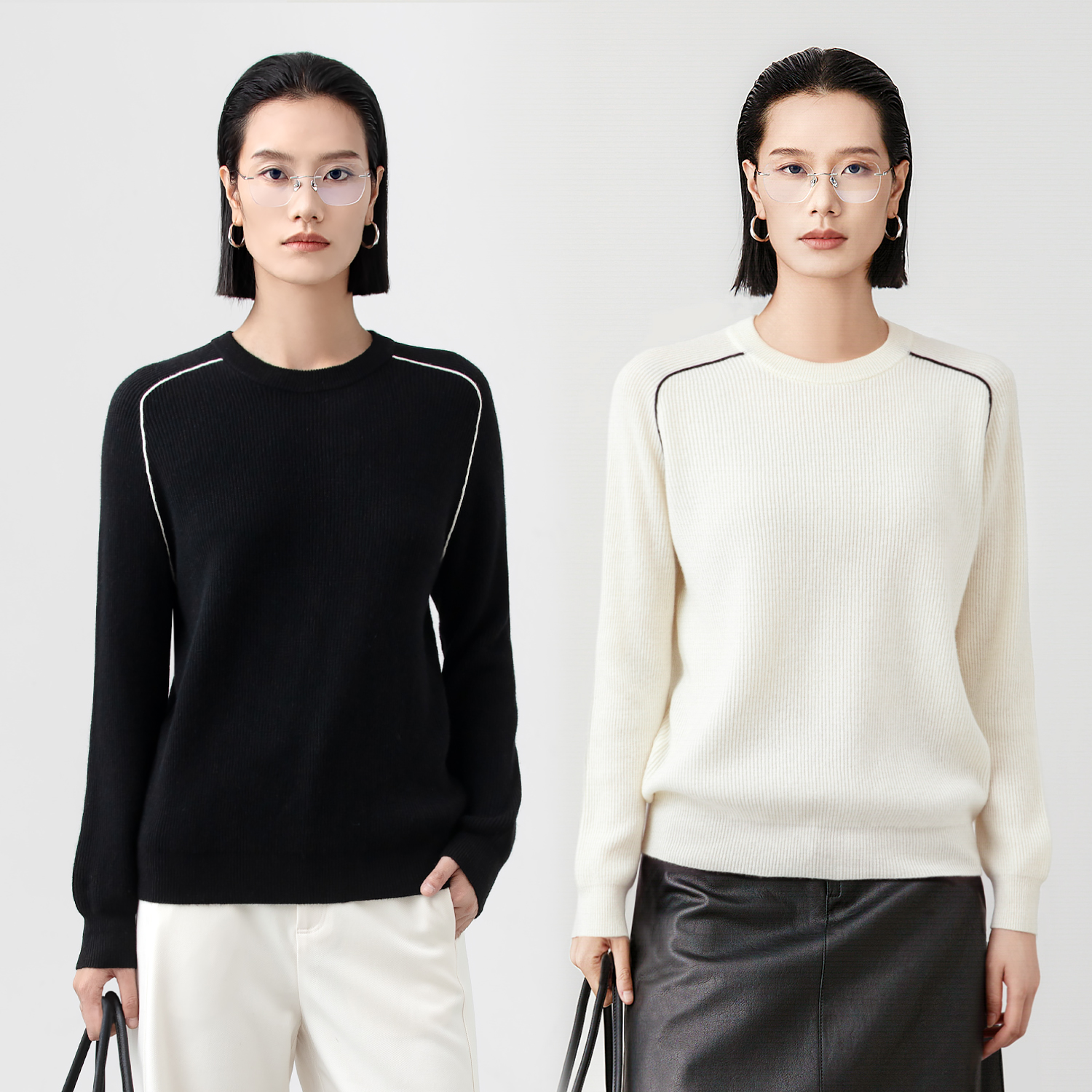 素韧极简风马鞍肩圆领黑色加厚羊毛衫宽松毛衣女套头羊绒衫女秋冬