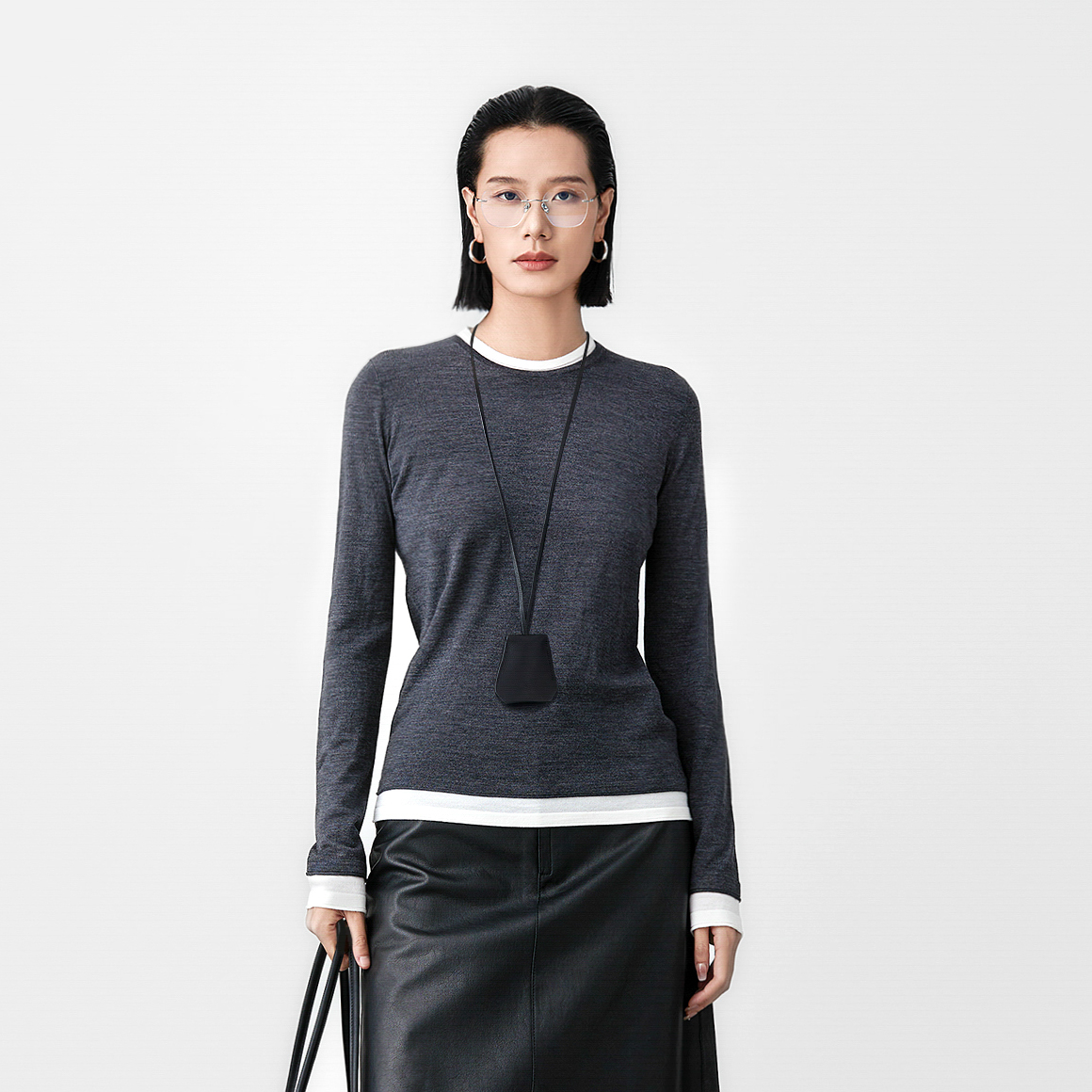 进口120S德国BIELLA黄金羊毛美丽诺打底衫撞色假两件针织衫女上衣