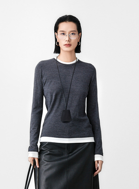 进口120S德国BIELLA黄金羊毛美丽诺打底衫撞色假两件针织衫女上衣