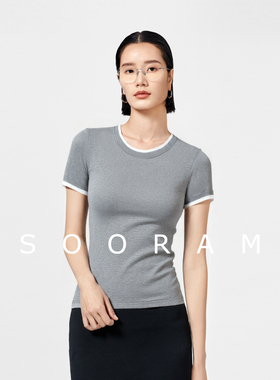 素韧丨100%莱赛尔撞色假两件针织衫女套头圆领修身显瘦上衣女春夏