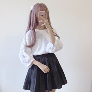 宽松圆领泡泡袖上衣韩版甜美小清新纯色百搭学生T恤百搭显瘦春装