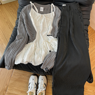 娇欲私藏！复古针织开衫吊带阔腿裤套装女早秋大方得体休闲三件套