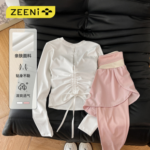 轻户外跑步运动套装 t恤上衣女瑜伽打底裤 后背抽绳收腰长袖 ZEENI
