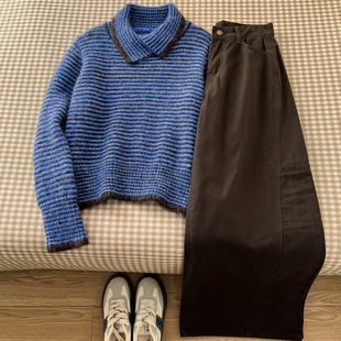 限定美学！港味chic翻领条纹毛衣上衣女高腰牛仔阔腿长裤冬装套装