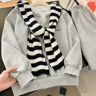 美高校队！假两件撞色灰色圆领长袖卫衣女藏青针织披肩休闲裤套装