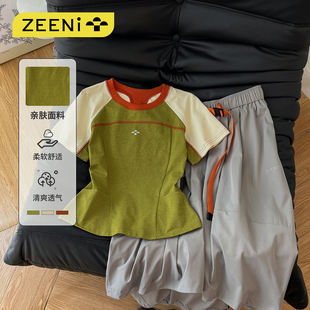 羽毛球t恤上衣女不规则半身裙户外健身运动套装 ZEENI 撞色短袖