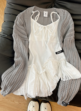 奶欲小芭蕾！韩风chic一整套蕾丝拼接吊带背心女灰色针织开衫套装