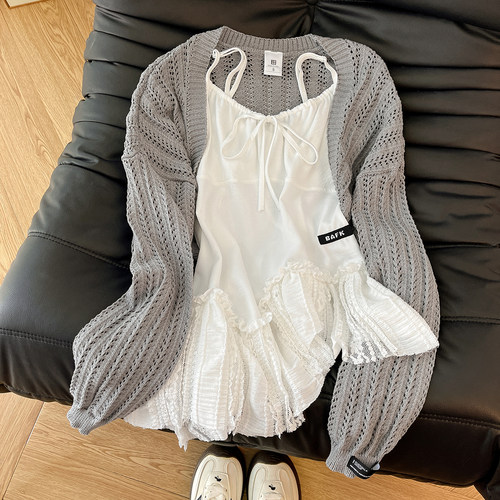 吊带背心女灰色针织开衫套装