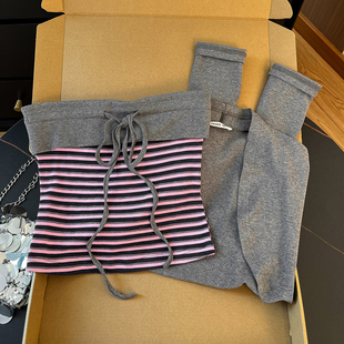 早秋高智穿搭！条纹抹胸吊带背心女针织开衫大方得体穿搭两件套装