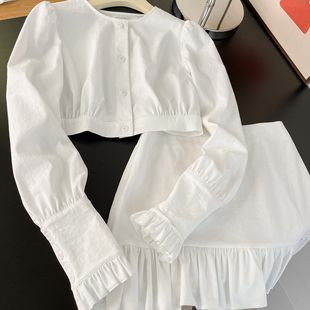 初恋白月光！韩系温柔长袖衬衫上衣女蝴蝶结下摆花边短裙初秋套装