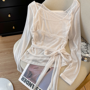 初春绝美单穿上衣！纯欲风蕾丝拼接绑带长袖t恤女收腰显瘦打底衫